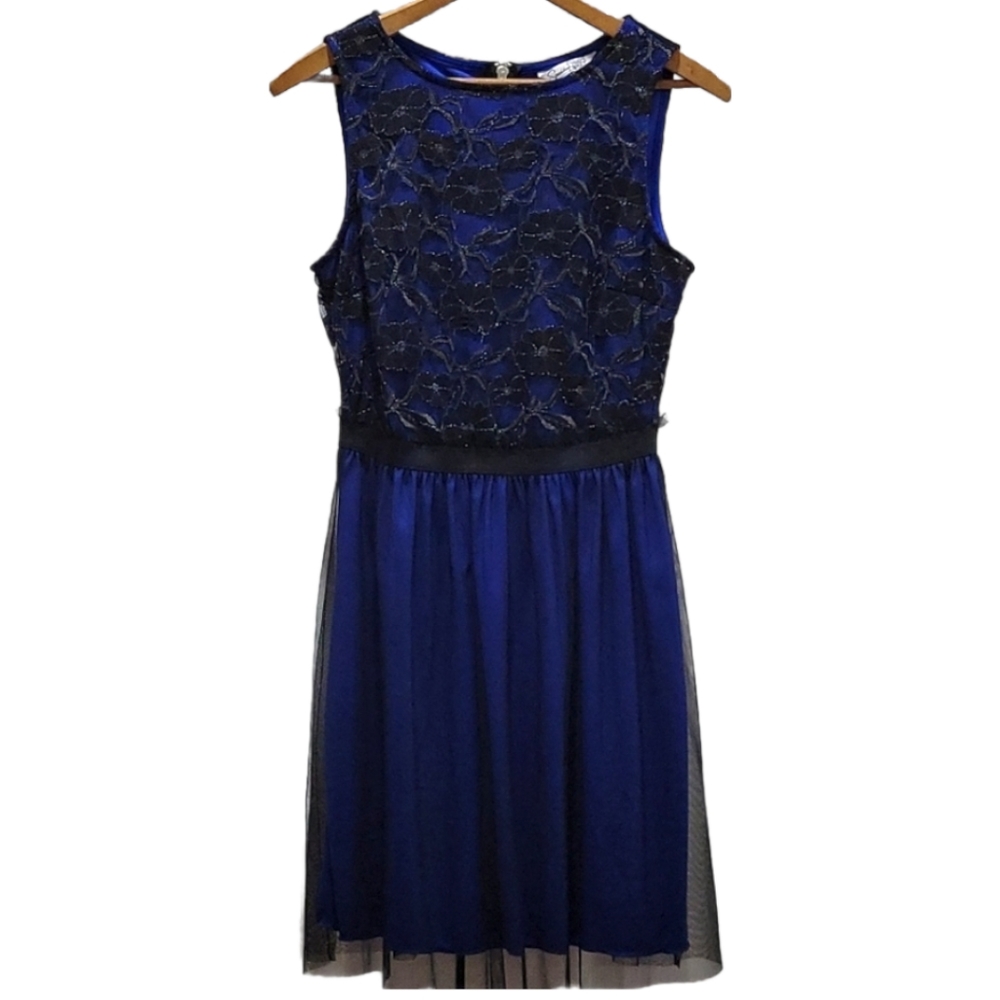 Speechless Royal Blue Black Lace Tulle Sleeveless Short Dress Sz 5 (Juniors) EUC